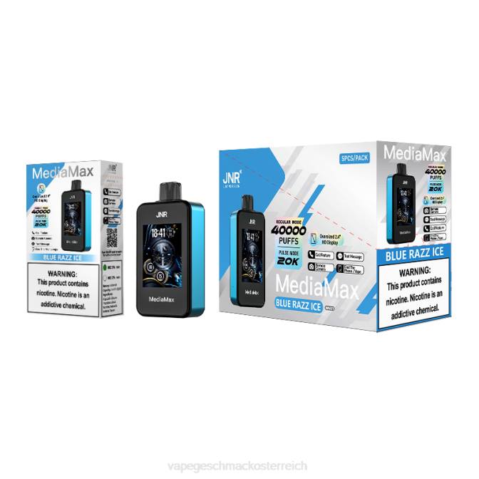 Vape ohne nikotin - blaues Razz-Eis JNR MediaMax 40.000 Puff X84J21